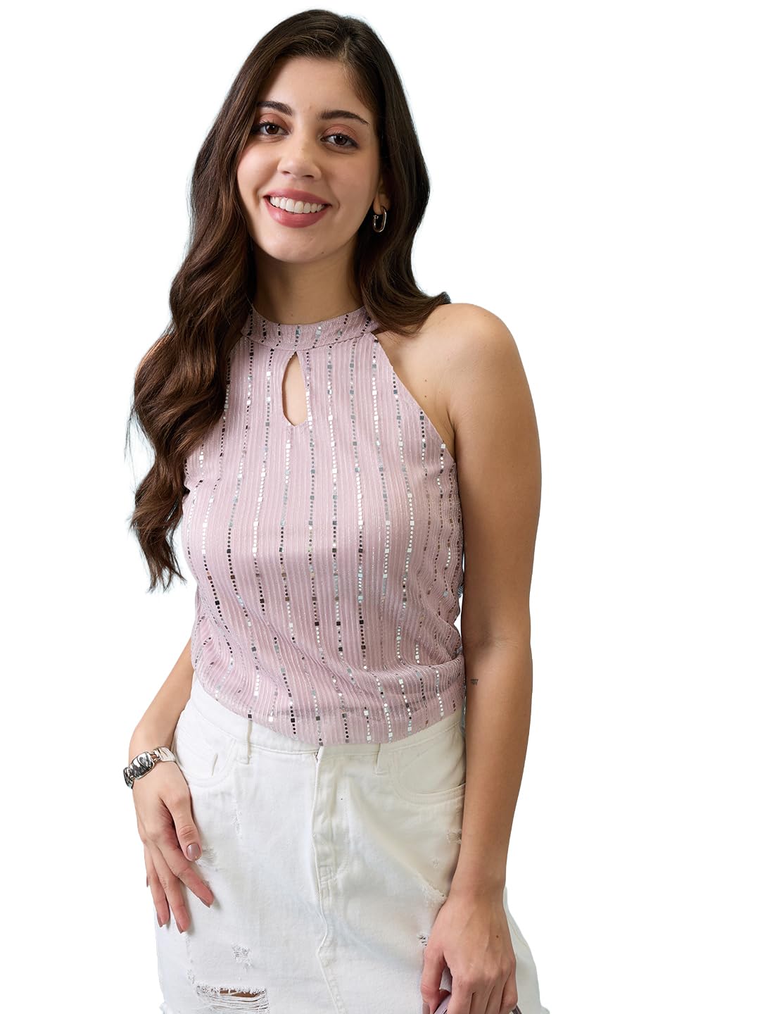 globus Women Keyhole Halter Neck Sequinned Detail Party Top-picture-10