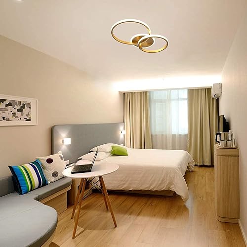 Miniatura 5 de Becailyer Lámpara de techo LED moderna, lámpara de techo de montaje empotrado de 40 W con círculo de dos anillos, lámparas acrílicas doradas para