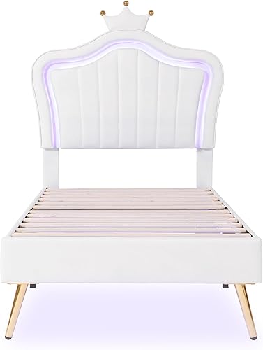 Miniatura 6 de Linique Base de cama tapizada de tamaño matrimonial con luces LED, moderna cama de princesa tapizada con cabecera corona, blanco y rosa