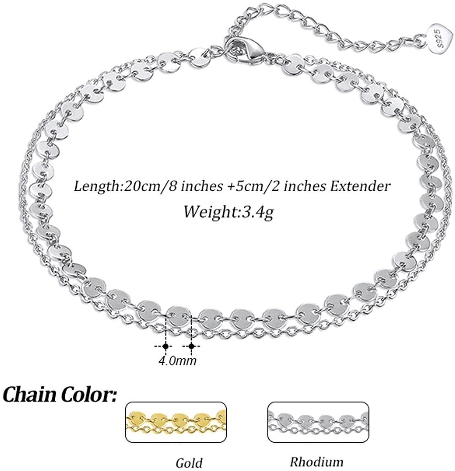 RWRAPS Cavigliera Boho in argento sterling da donna estiva a strati con catena portacavi da 4 mm per donna spiaggia a piedi nudi (oro b) (argento b)