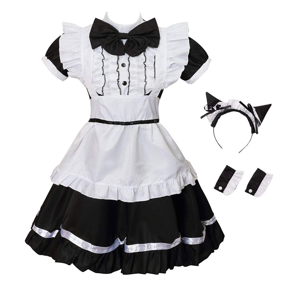 GRACIN Womens Cat Ear French Maid Costume with Apron, Lolita Fancy Dress for Halloween Cosplay Party (Large, Black)