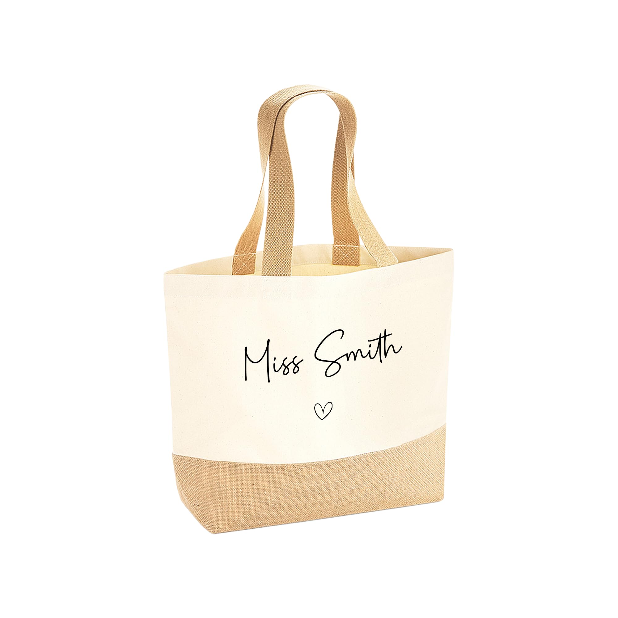 Personalised Teacher Tote Bag with Name and Heart Large Hessian Jute Teacher Gift