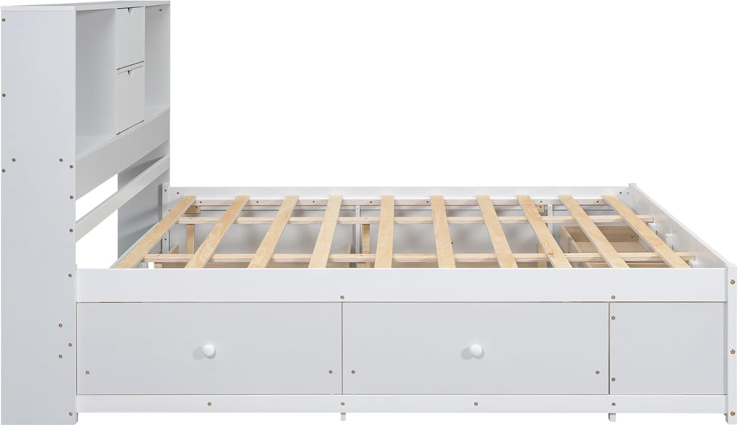 Harper & Bright Designs Queen Size Platform Bed with Storage Drawers and Bookcase Headboard, Queen Storage Bed Frame, Wood Queen Bed Frame for Kids Teens Adults, White, White(8 Drawers)