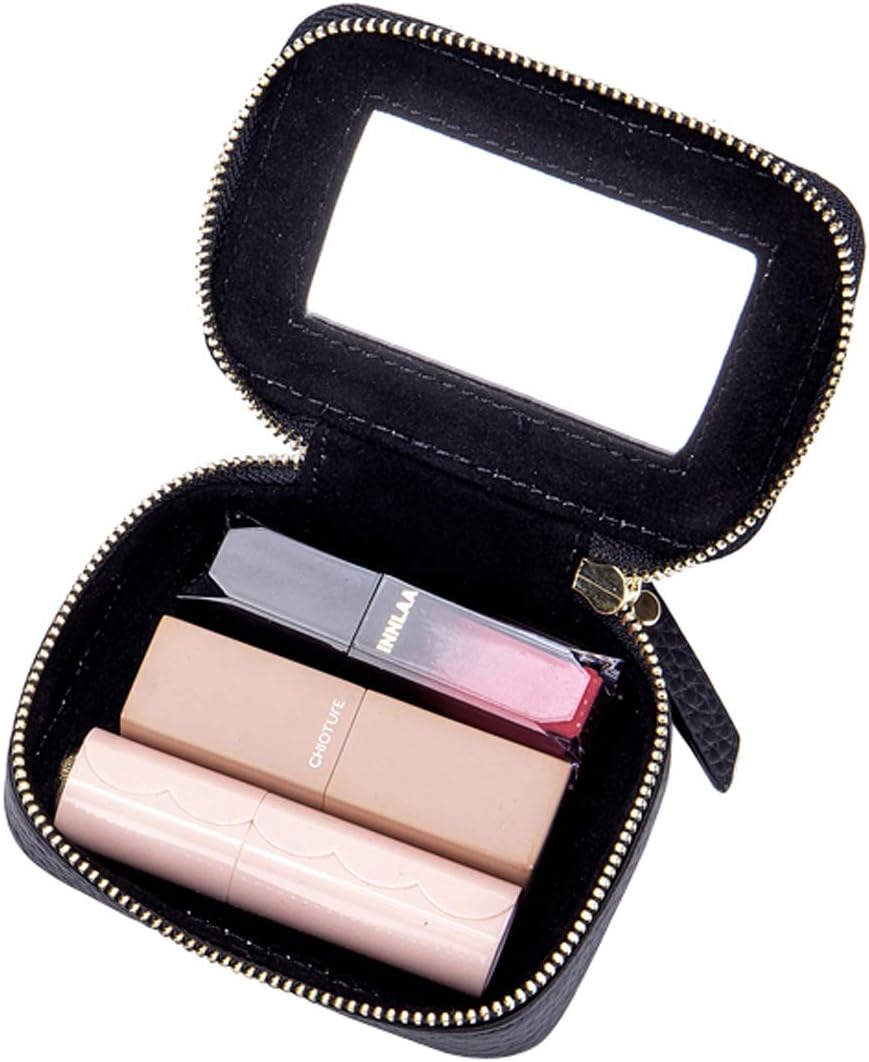 Mini Lipstick Case Holder Box with Mirror Genuine Leather Small Travel Makeup Cosmetic Pouch Bag Storage Kit for Women Girls (Black)
