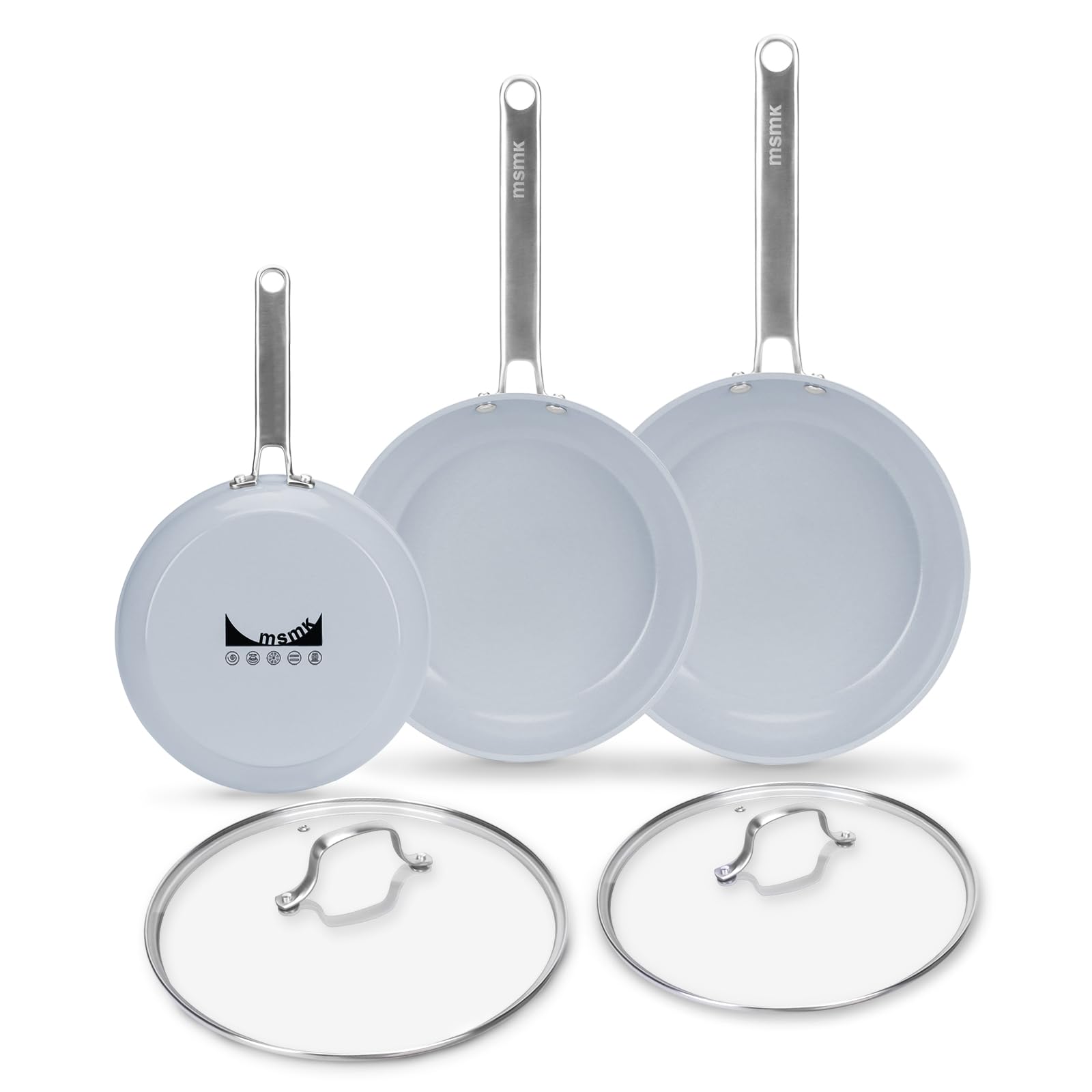 MsMk 5-Piece Ceramic Non Stick Pans Set 8, 10, 12 Inch Frying Pans, 10inch and 12 Inch with Tempered Glass Lids, Stay-Cool Handles, Oven Safe 700℉,