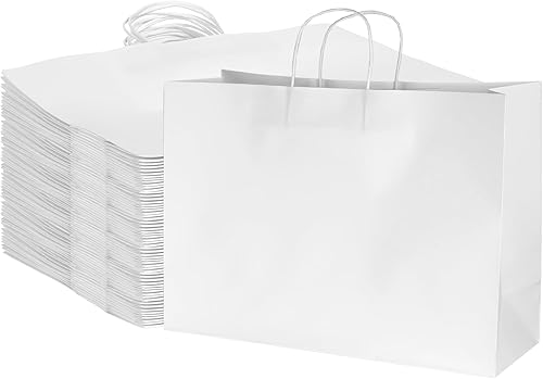 BLEWINDZ 70 bolsas de regalo de papel blanco de gran tamaño, 16 x 6 x 12 pulgadas, bolsas de papel kraft con asas a granel, bolsas de compras para