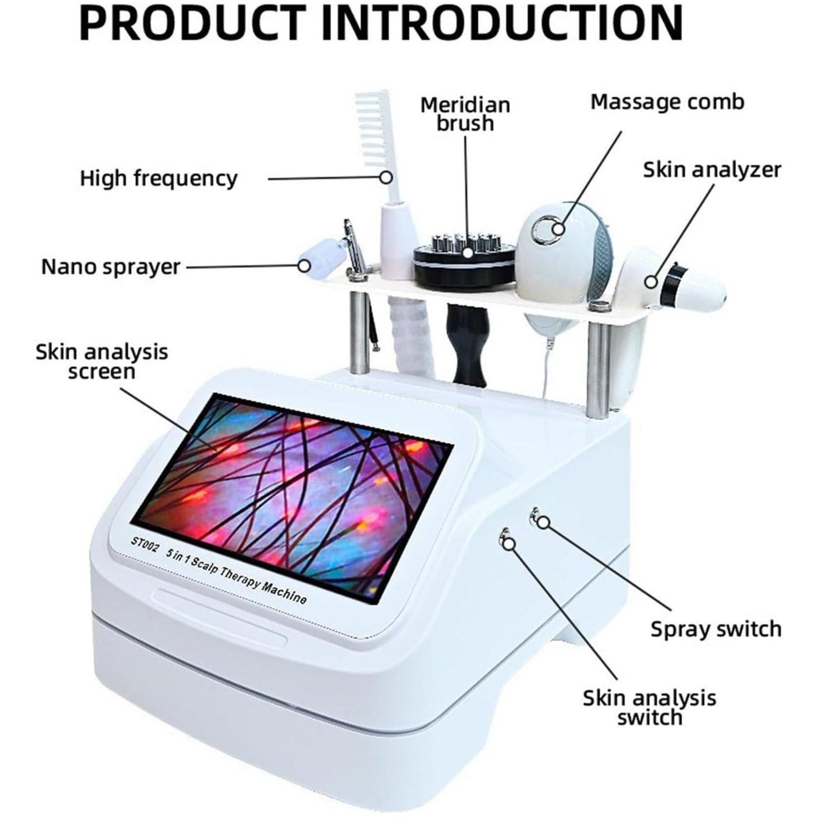 Equipo De Masaje 5 En 1 Para El Cuero Cabelludo, Analizador De Piel Y Cabello, Detector De FolíCulos Pilosos, MáQuina De AnáLisis Hd 200x, Pulverizador Vibratorio MultifuncióN.