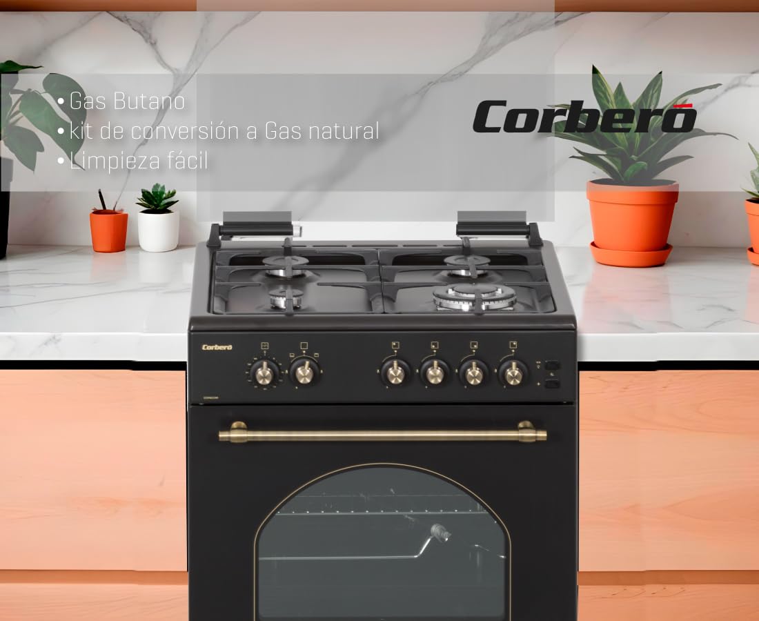 Corberó - Cocina de Gas Butano Excellence 60cm | CCSF6022NR | 4 Fuegos | Horno 55L con puerta triple cristal| Función Ruste pollos | Tapa Fogones Cristal| Wok con Quemado| Negro Rústica