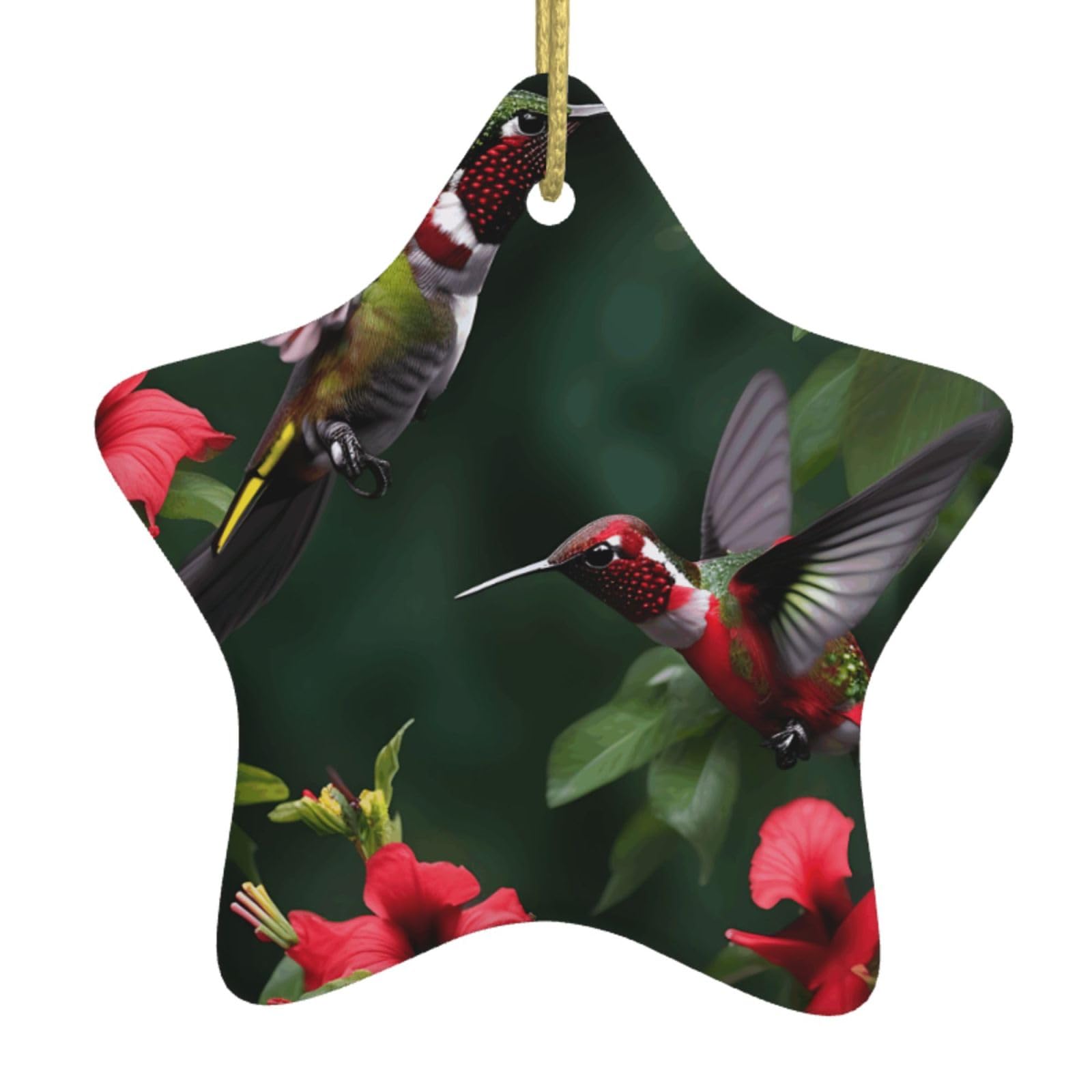 Hummingbirds Red Flowers Hibiscus Print Christmas Ornaments, Ceramic Hanging Ornament, Round Shape Decorations
