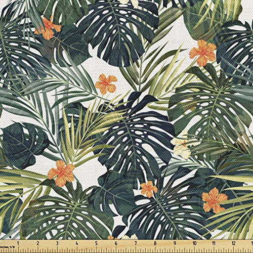 Ambesonne Green Fabric by The Yard, Hawaiian Summer Aloha Pattern Tropical Plants and Hibiscus Flowers, Decorative Fabric for Upholstery and Home Accents, 3 Yards, Teal Orange
