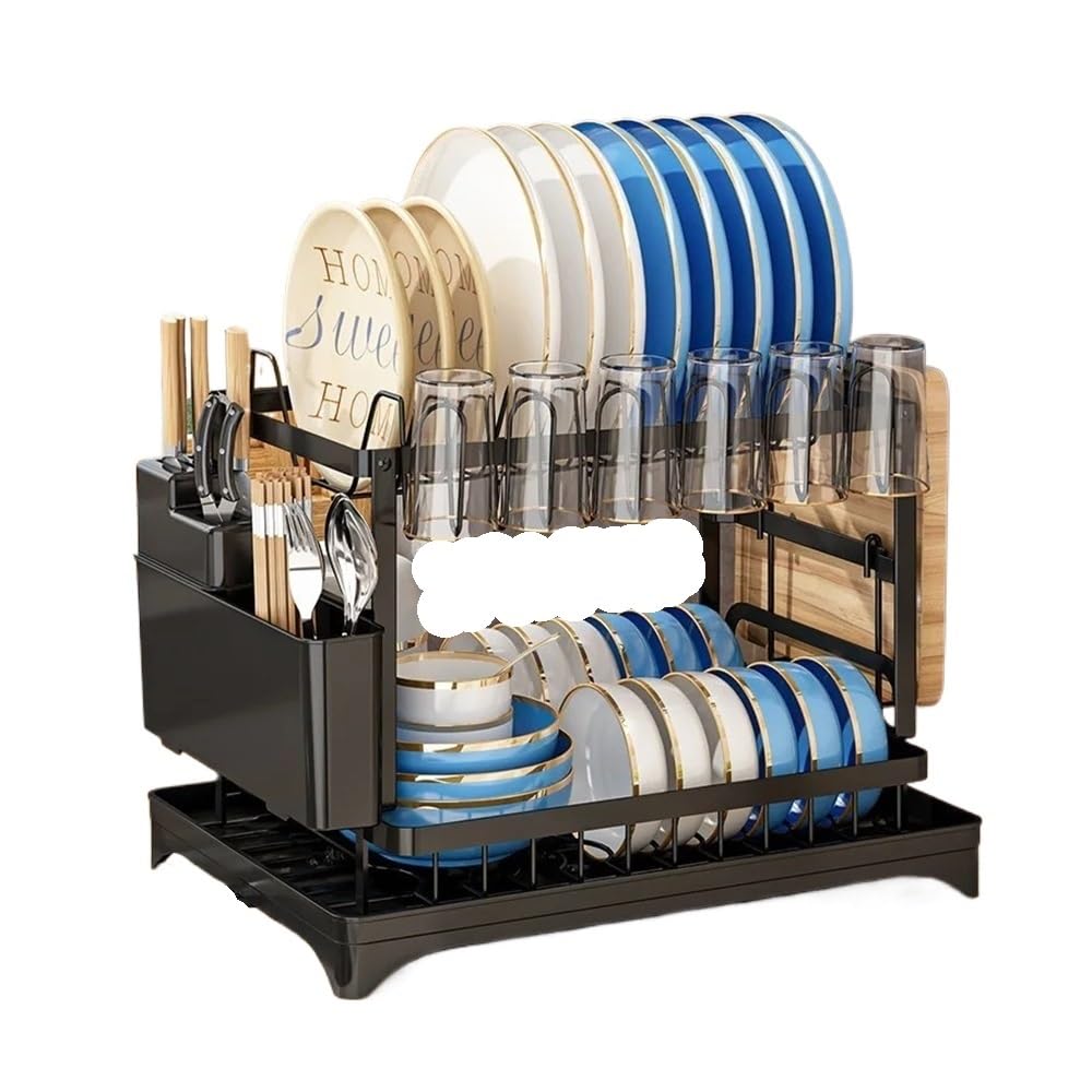 Jobaojiang Double-layer Large-capacity Dish Drain Rack With Water Guide Plate Kitchen Countertop Bowl Cup Tableware Storage Rack(34)