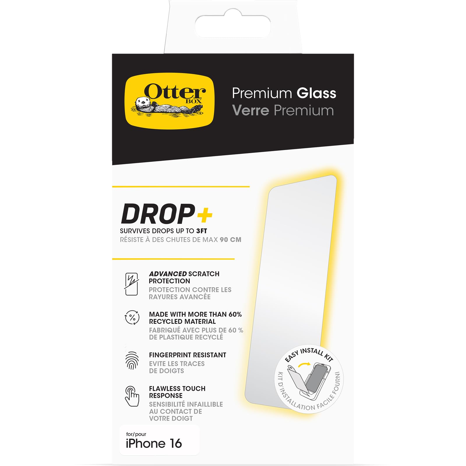 OtterBox Premium Glass Screen Protector for iPhone 16, Tempered Glass, advanced Scratch Protection, Survives Drops up to 3ft