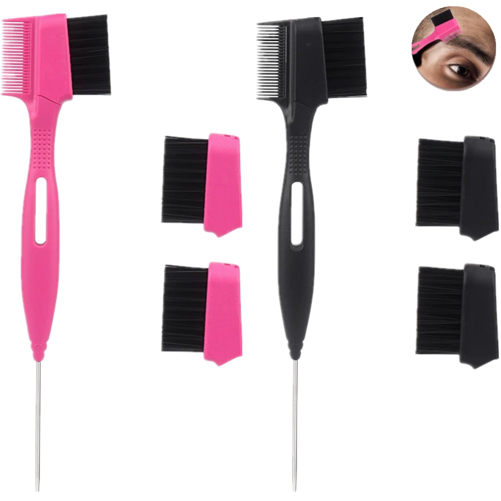 Photo 1 of 2 Pcs Hair Edge Brush With Tail Comb, Double Sided Edge Control Hair Comb Styling Tool Eyebrow Kit for Women Girls, Pink Blac