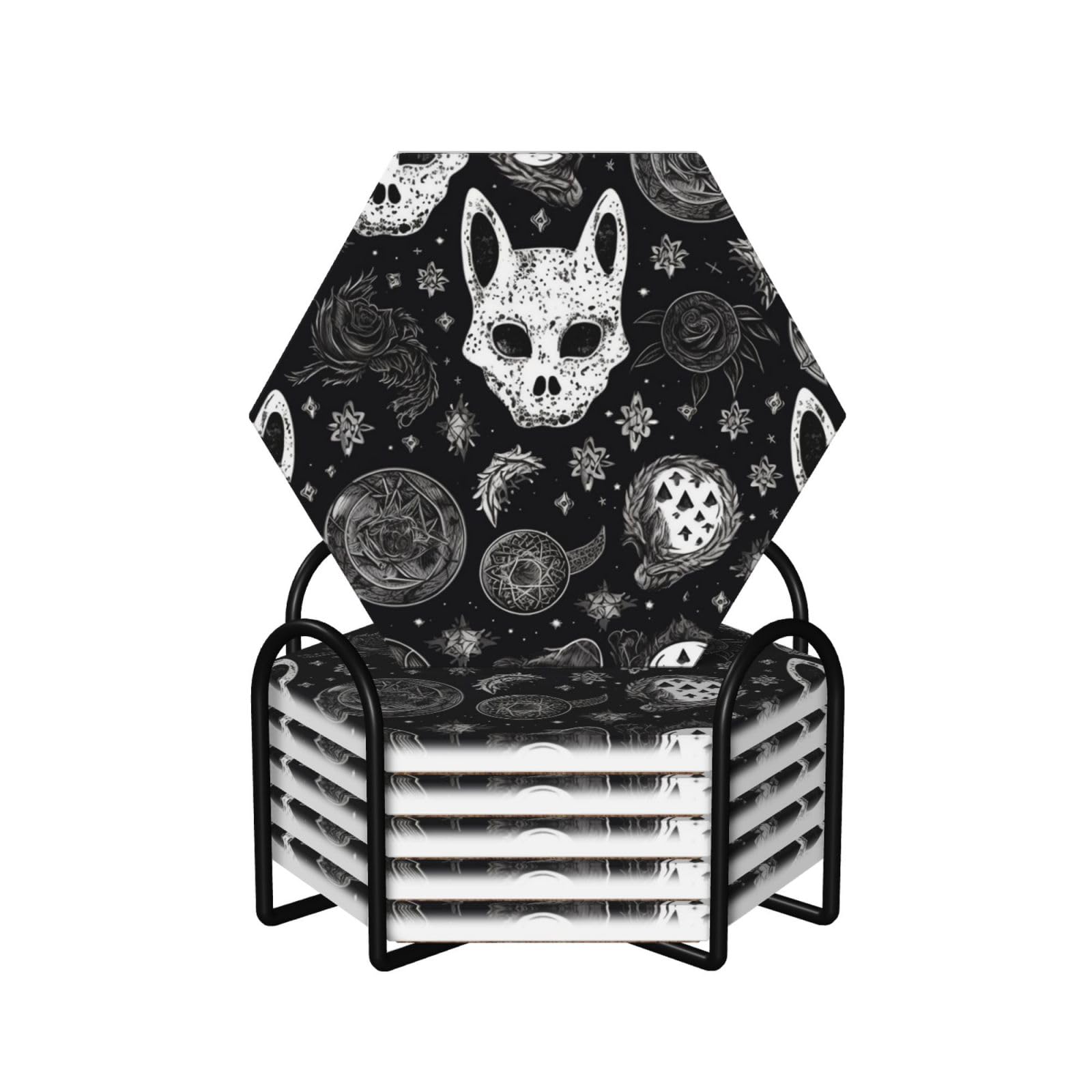 Dessous de verre hexagonaux en céramique lot de 6 style gothique avec support