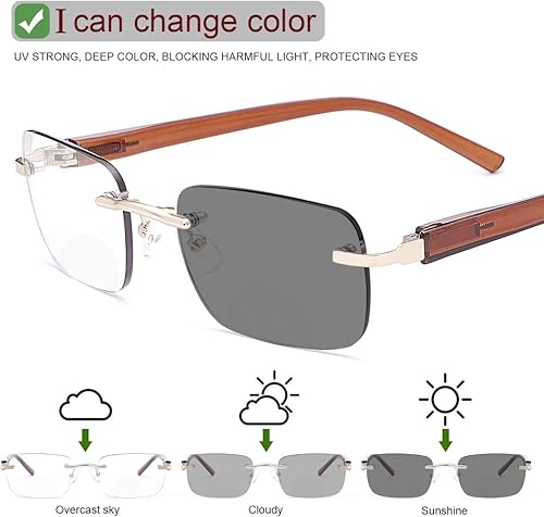 Miniatura 2 de Lentes de lectura bifocales sin montura con bisagra de resorte, lentes fotocromáticos de transición, lentes de sol para computadora, bloqueo de luz