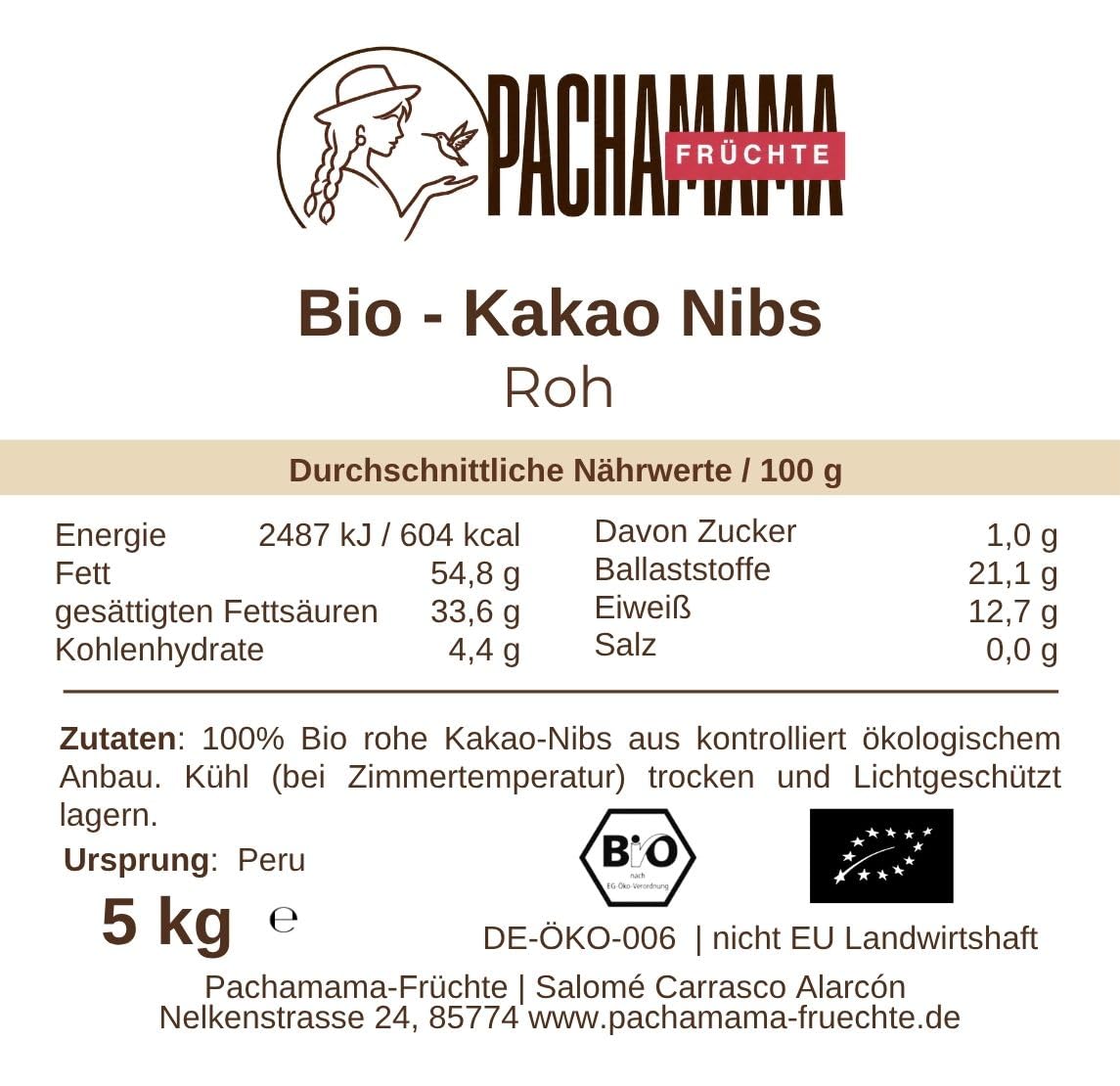 Bio kakao z Peru 5 kg, wegańskie, bez dodatków, idealne jako topping, musli lub do pieczenia, (1 x 5 kg)
