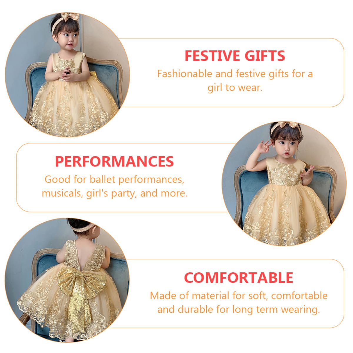 Vestido Infantil para Niñas 2-3 Años Vestido Princesa Pieza Lazo Bordado Color Dorado 8557B de Fiesta Encaje para Piel Sensible