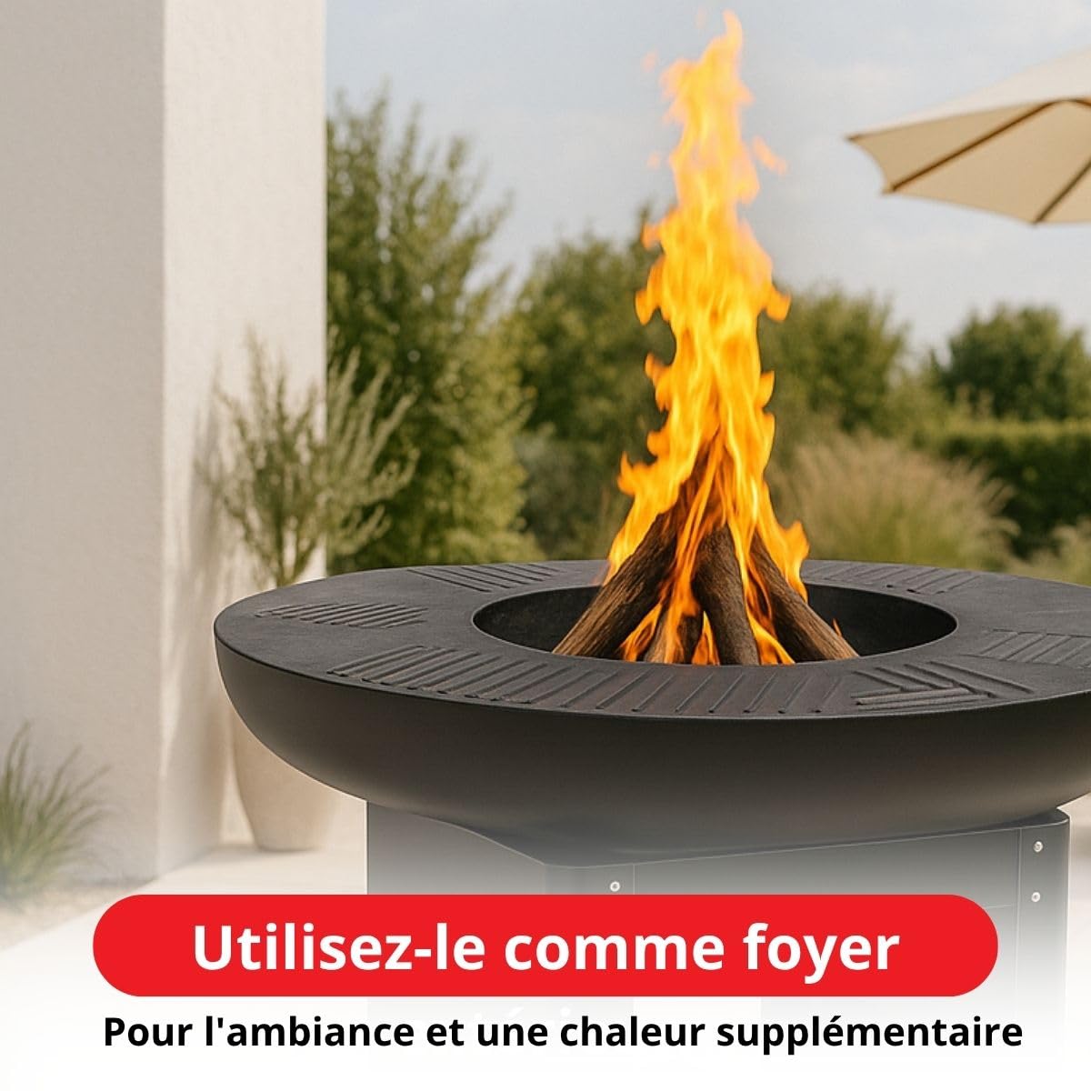 BBQ Collection Palenisko 3 w 1 z rusztem do grillowania – kosz paleniskowy 61 x 90 cm – kuchnia outdoorowa z teppanyaki i płytą grillową – Plancha BBQ z miejscem do przechowywania drewna – kominek