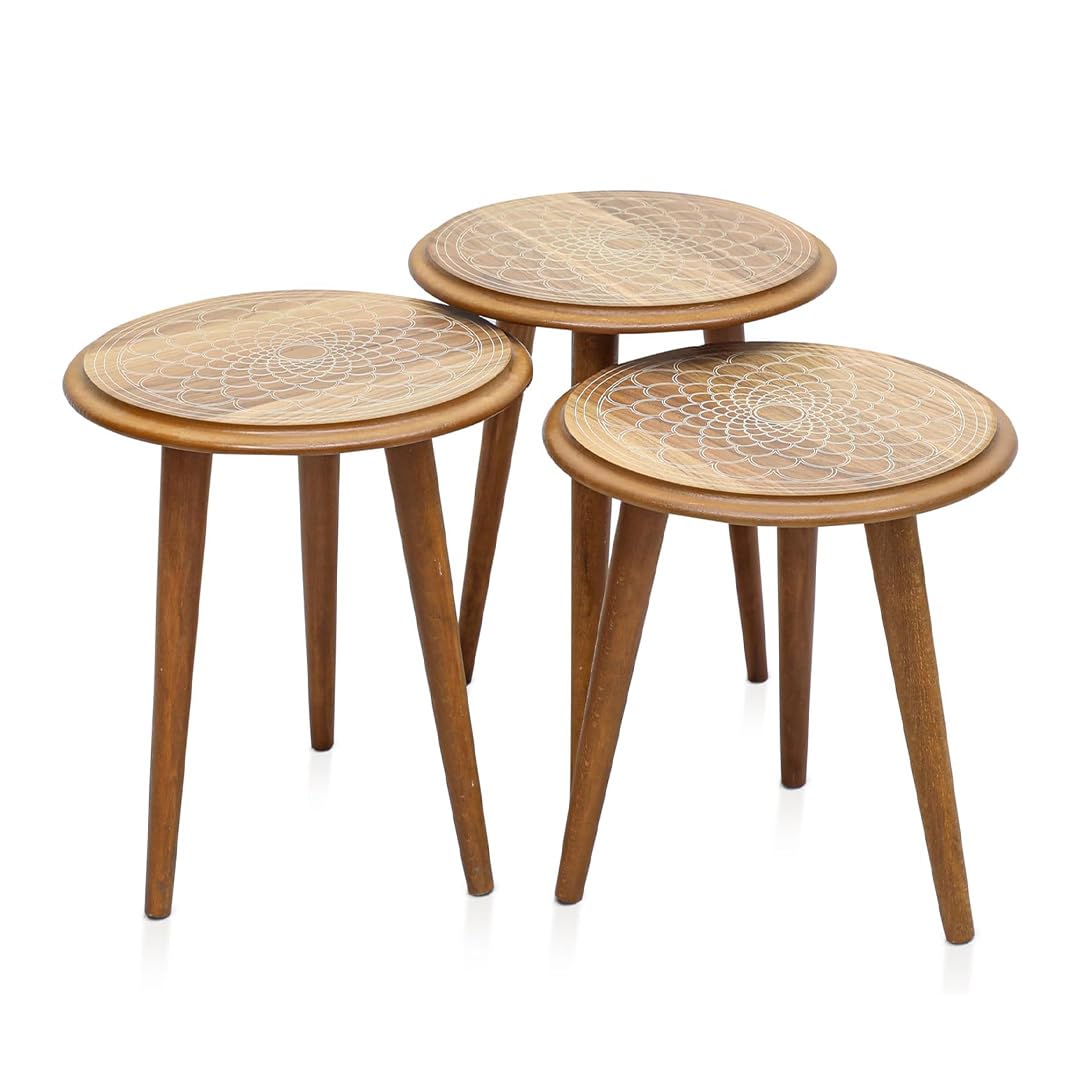 Multi Home Furniture Brown Nesting Table Set of 3 – Petal Mandala Design Round Space-Saving Coffee Table Design for Living Room Furniture, Bedroom, and Office – Outdoor Table and Coffee Corner Table
