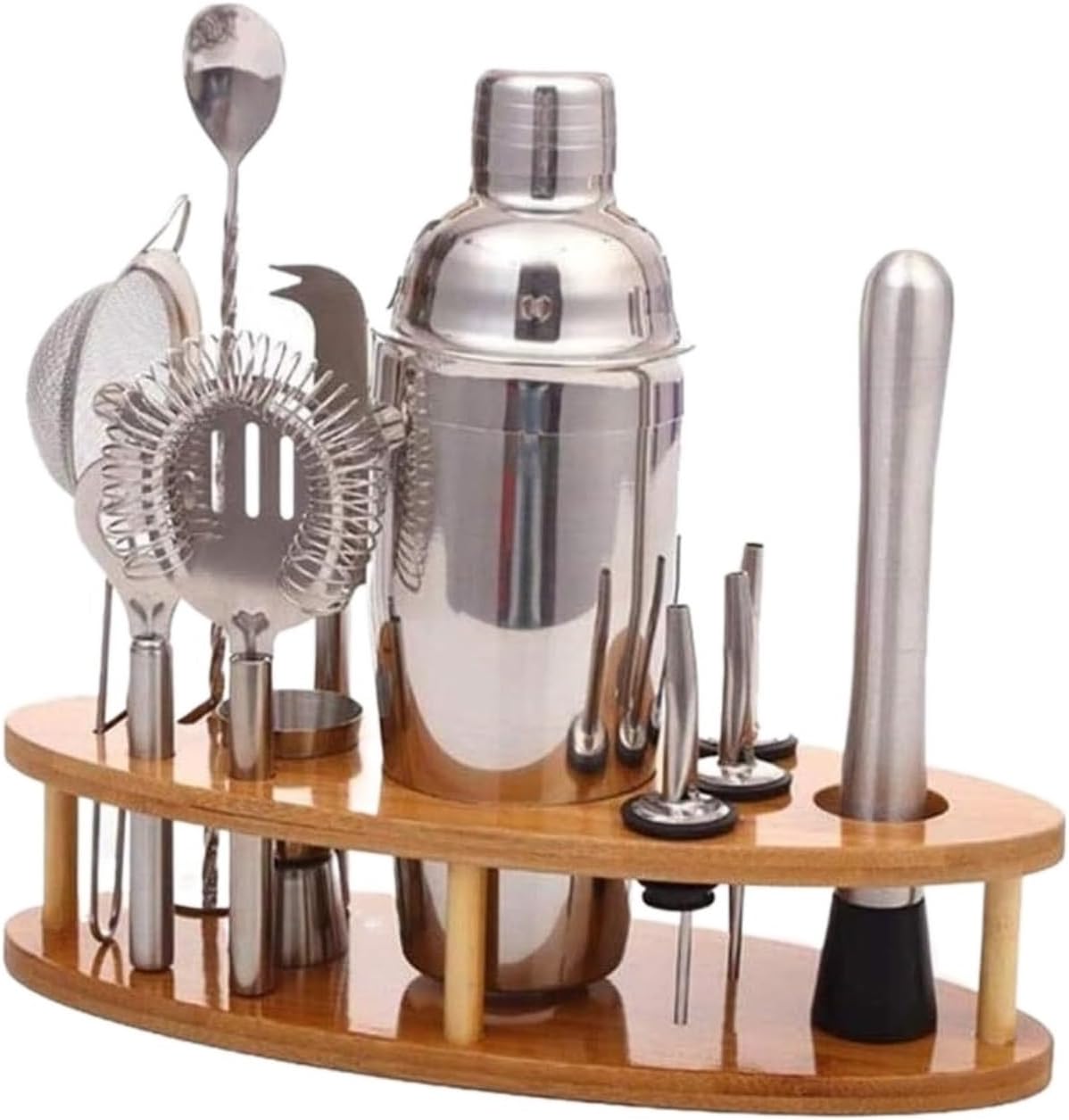 Set de Coctelera de Acero Inoxidable 11 Piezas con Stand de Madera