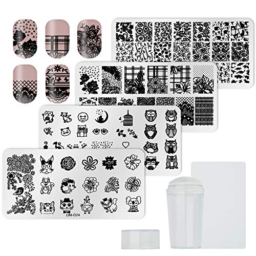 QIMEIYA Nail Art Stamping Templates Kit 1 Stamper 1 Scraper 4 Stamping Plates Reusable Image Plate Transfer Manicure Tool