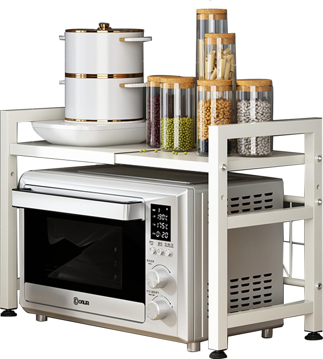 Henmeili Soporte Extensible 40-65 cm con 6 Ganchos para Horno de Microondas, Ajustable, Rejilla para encimera de Cocina Organizador Estanteria Mueble (Blanco, 2 Niveles)