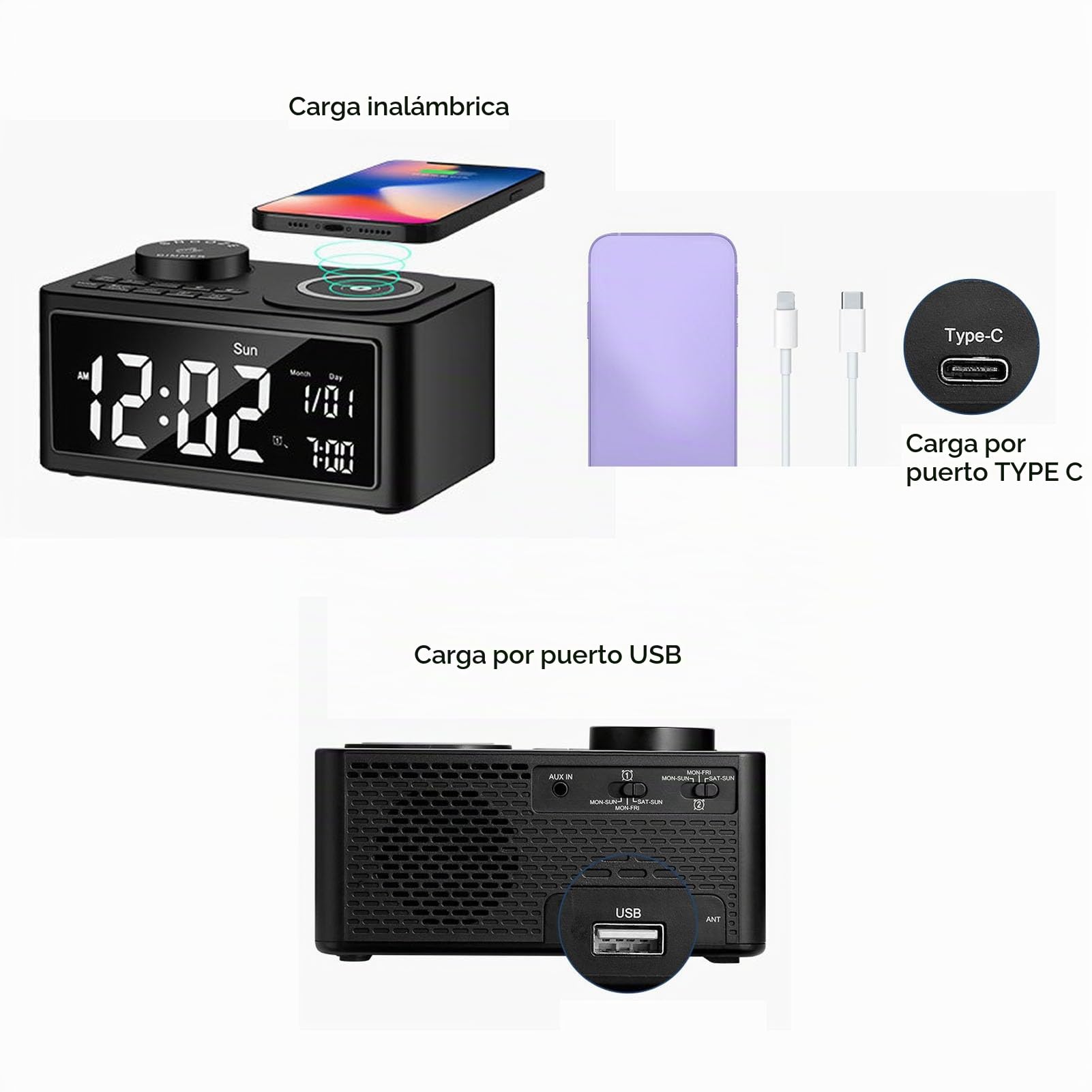 LICAEVEY Radio de Reloj de Alarma de Carga Inalámbrica 3 en 1 con Altavoz Bluetooth, Cargador Rápido de 15W, Alarmas Duales, Radio FM y Micrófono Incorporado para (Enchufe de la UE)