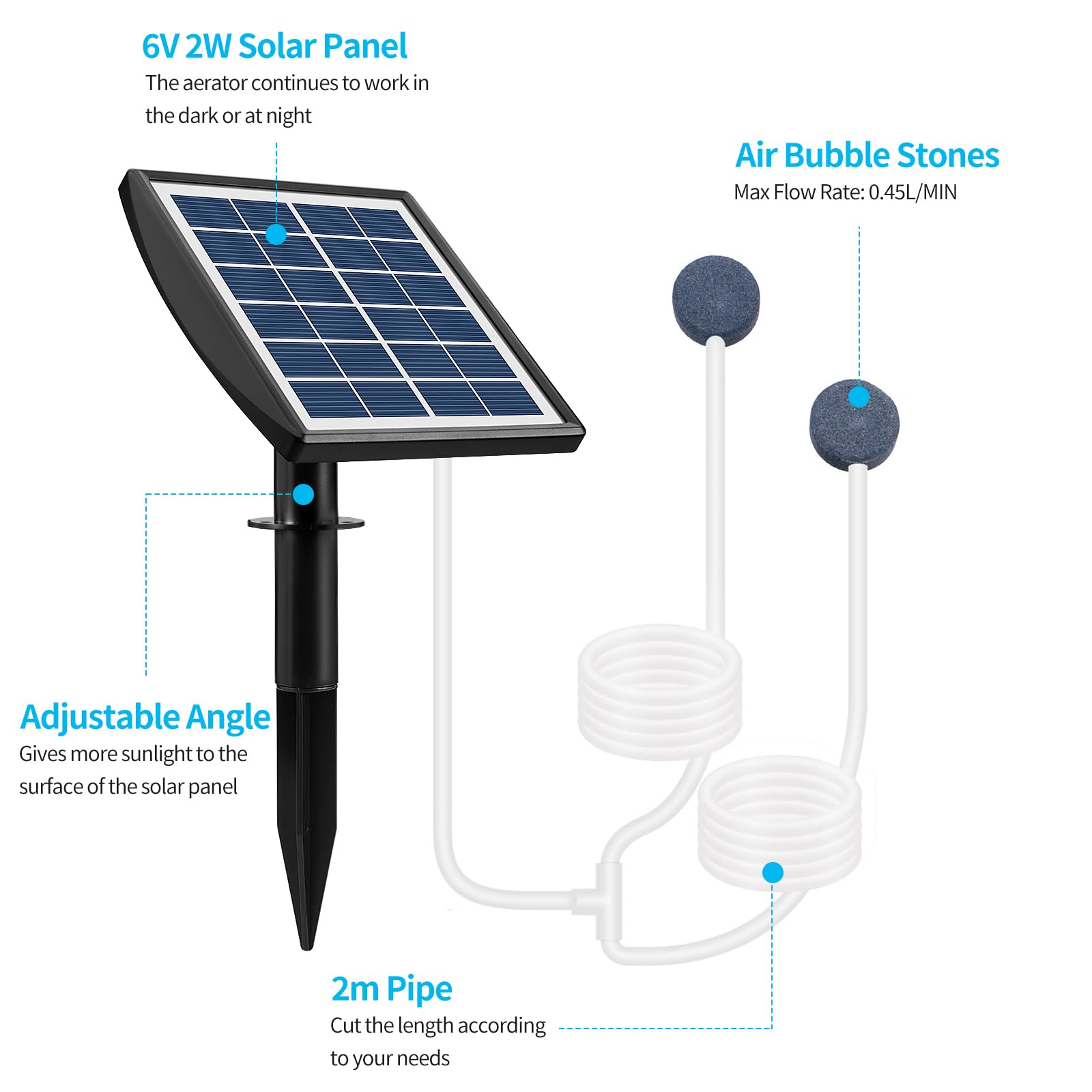 Weinsamkeit Aeratore Laghetto Solare, Ossigeno Solare per Laghetto con Batteria 2200mAh, Ossigenatore per Laghetto con Tubo di Ossigeno e 2 Pietra Della Bolla, Aeratore per Laghetti, Acquari
