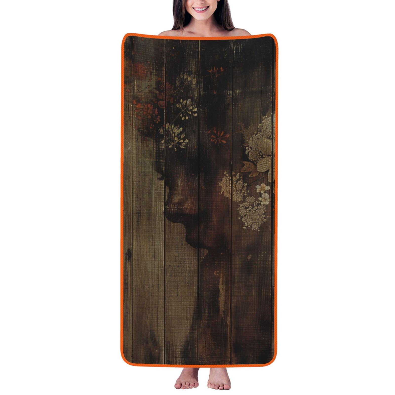 WPKJU Board Printed Bath Towel with Orange Edging - 27x55 in Soft Extra Absorbent Coral Velvet Shower Towels for Bathroom