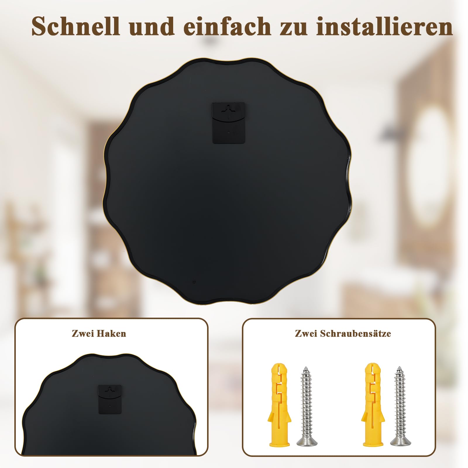 Koonmi Grande specchio rotondo con bordo ondulato, 50 cm, specchio da parete con telaio in metallo strutturato, da appendere o appoggiare alla parete, per bagno, ingresso, soggiorno, oro