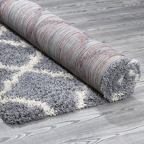 Ottomanson Indoor Moroccan Trellis Design Jute Back 5X7 Soft Shag Area Rug For Bedroom, Living Room, Dining Room, Office, 5'3" X 6'11", Gray #TOP3