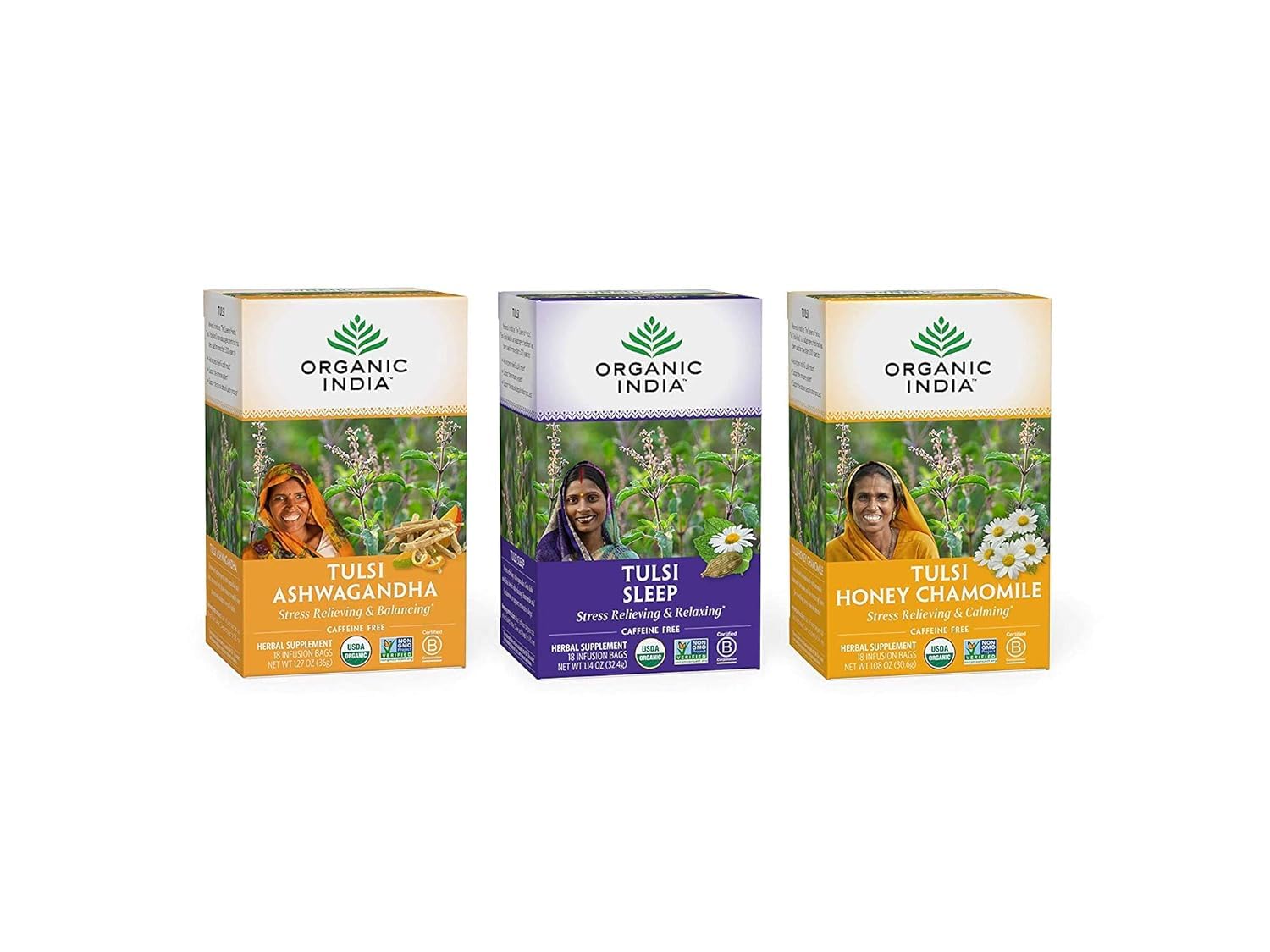 Organic India Calming Tulsi Herbal Tea Favorites - Ashwagandha, Honey Chamomile, Sleep - Holy Basil, Adaptogen, Vegan, USDA Certified Organic, Non-GMO - 18 Infusion Bags per Box (Pack of 3)