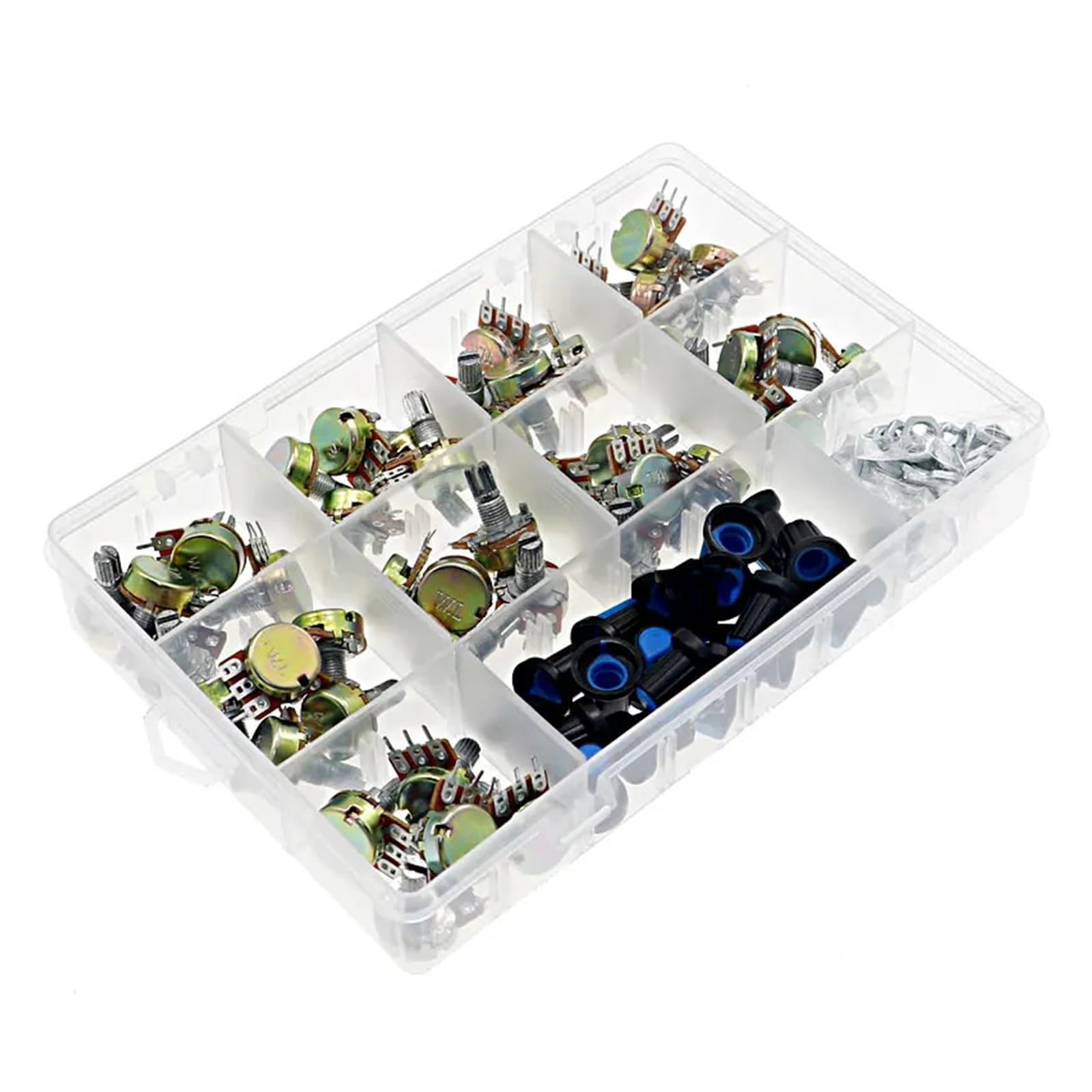 Kit de potenciómetro único WH148 de 45 Piezas, Caja B1K, 5K, 10K, 20K, 50K, 100K, 500K, 1M con perillas, Juego de potenciómetros Individuales, Tuercas de Eje