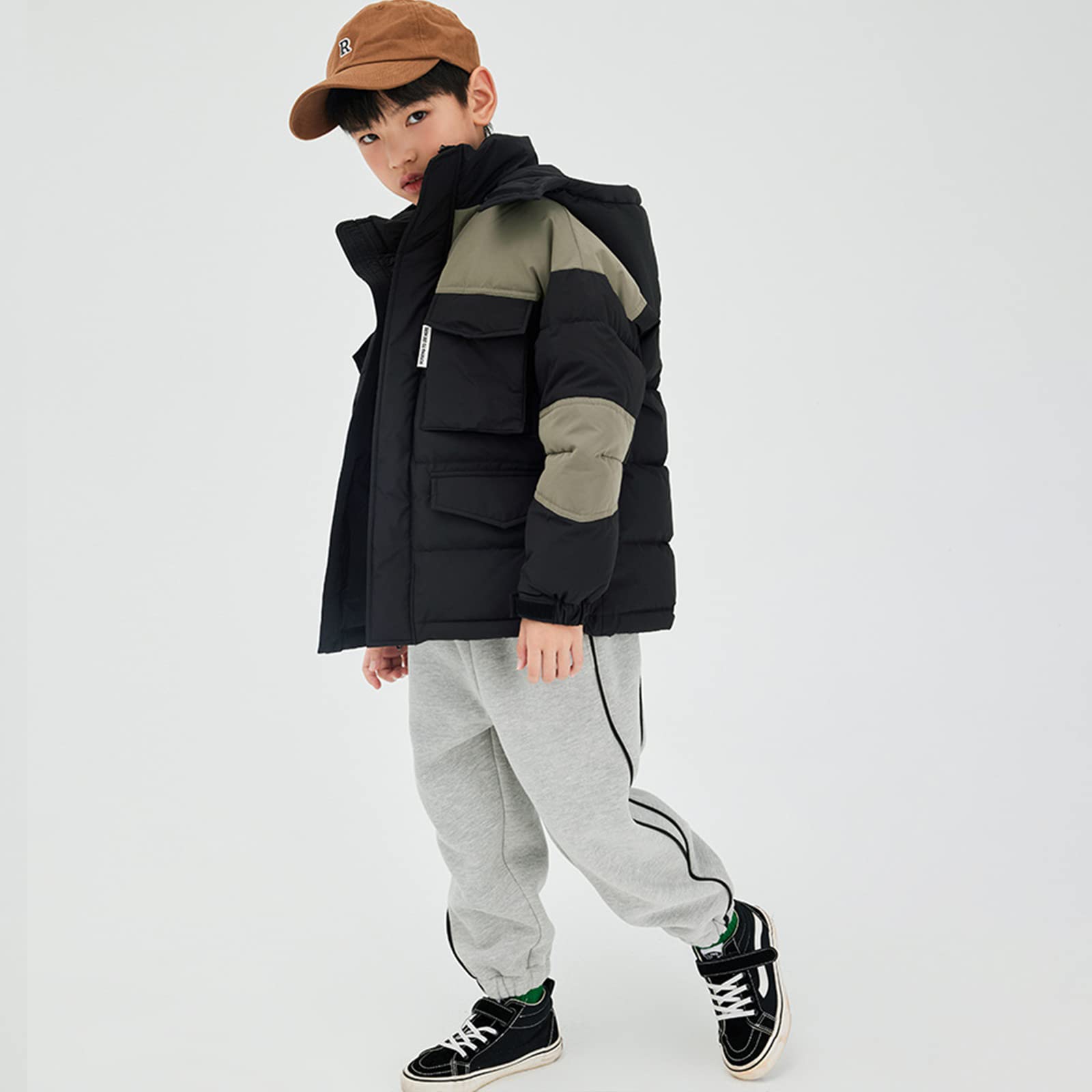 Piumino D'Anatra Bianco Piuma per Bambini Piumino Invernale da Ragazzo di Media Lunghezza Ispessito Caldo Giacca Ampia con Cappuccio Antivento Colore Abbinato
