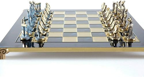 Miniatura 5 de Juego de ajedrez artístico antiguo, color bronce y lue con tablero azul, 17.3in, en caja de madera