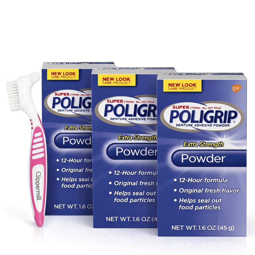 Clippermill Spazzola per protesi – Impugnatura in gomma compatibile con Polvere adesiva PoliGrip Super Protesi, Extra Resistenza 45,4 g (confezione da 3) Tenuta tutto il giorno, Prevenire le