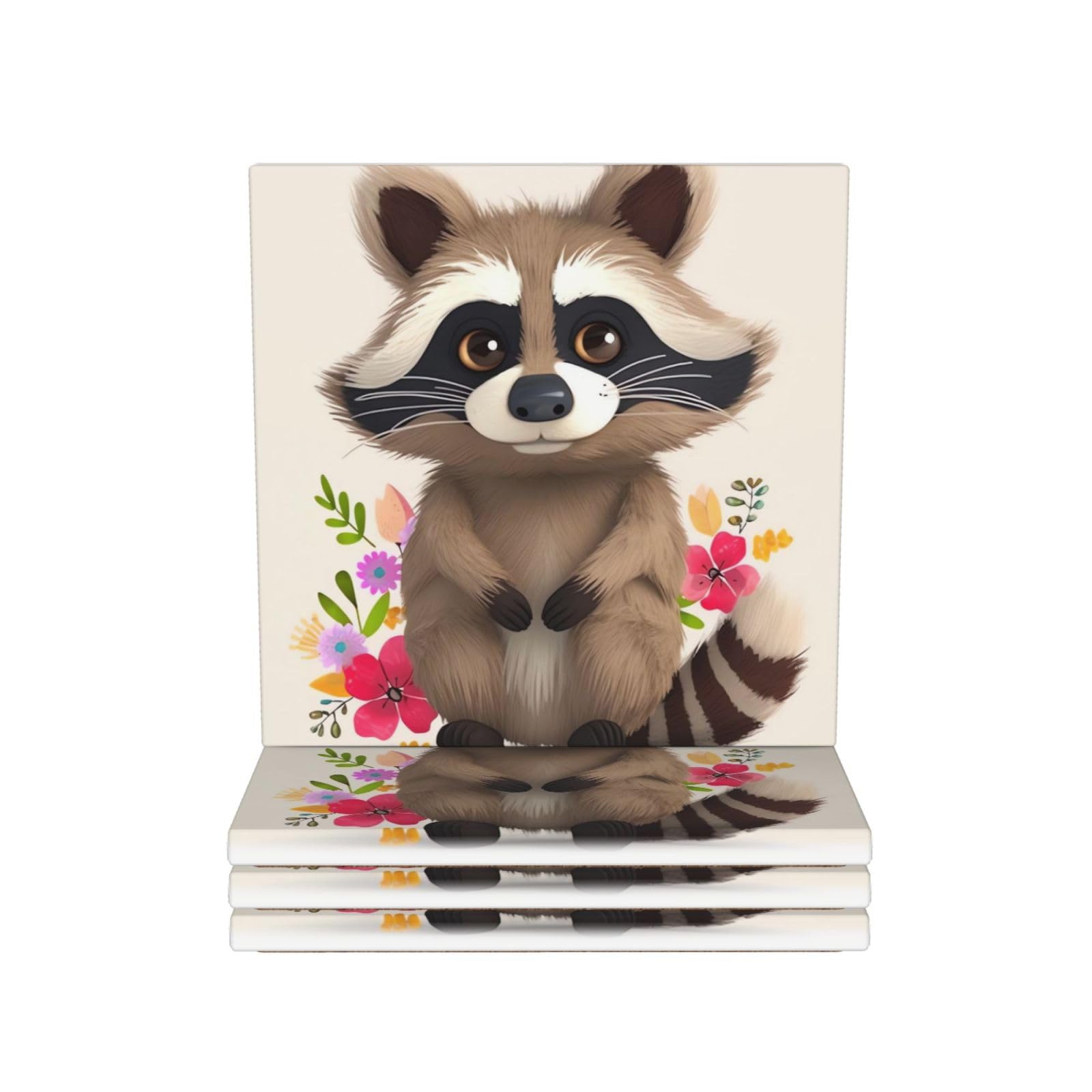 Drink Coasters 4Pcs Round CeramicCoaster with Holder raccoon Coasters for Drinks Coffee Cup Mat Heat Resistant Coaster for Tabletop Protection Desk Accessories Office Home Decor