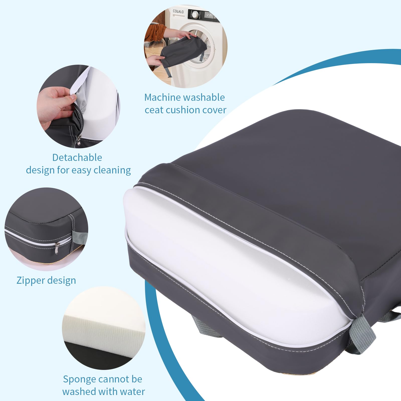 Alzador de Asiento para Niños 8cm, con 2 Correas de Seguridad Antideslizantes, Funda Lavable Extraíble y Portátil de Espuma de Alta Densidad, para Comer, Tocar el Piano, Viajar (Gris) — view 6