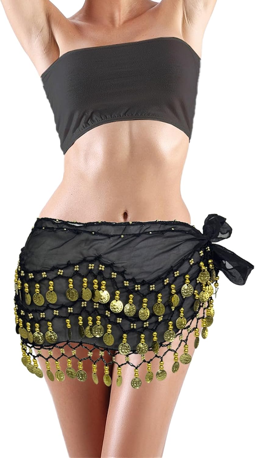2 PCS Belly Dance Hip Scarf Belly Dance Costume Belly Scarf for Belly Dancer Coin Skirts Skirt Wrap with 128 Gold Coins - Image 2