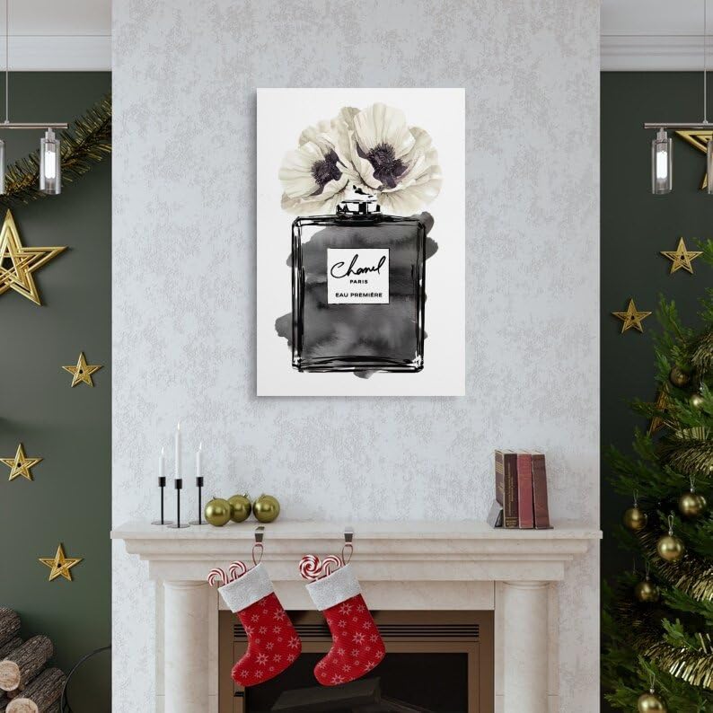 Image of BanLaArt Fashion Perfume Bottle Black With Grey & White Poppy Canvas Print Poster Decorative Painting Canvas Wall Art Picture Print Modern Family Bedroom Decor 08x12inch(20x30cm), style-3