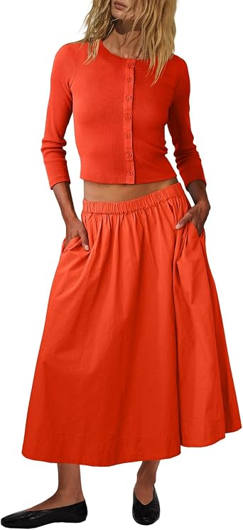 UNIANKIYA Womens Fall 2 Piece Skirt Set Cropped Cardigan Midi Skirt Outfit