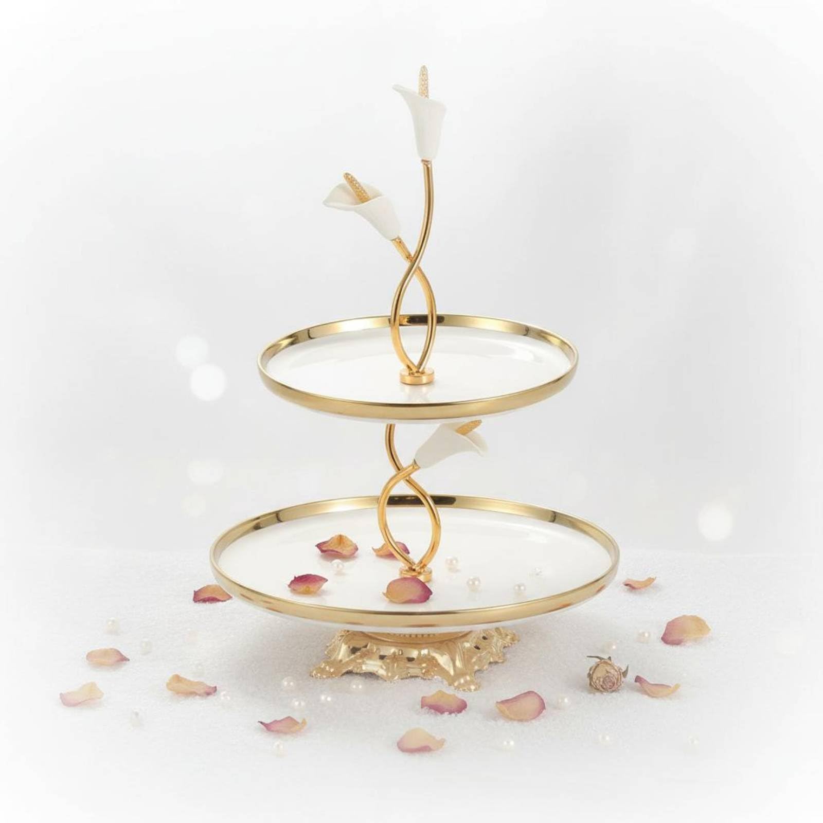 Qianly Piatto da Dessert in Ceramica Alzata a Due Livelli Vassoio Frutta Supporto Dolci Centrotavola con Telaio in Ferro E Decorazioni Floreali Elegante E, Moderno-B