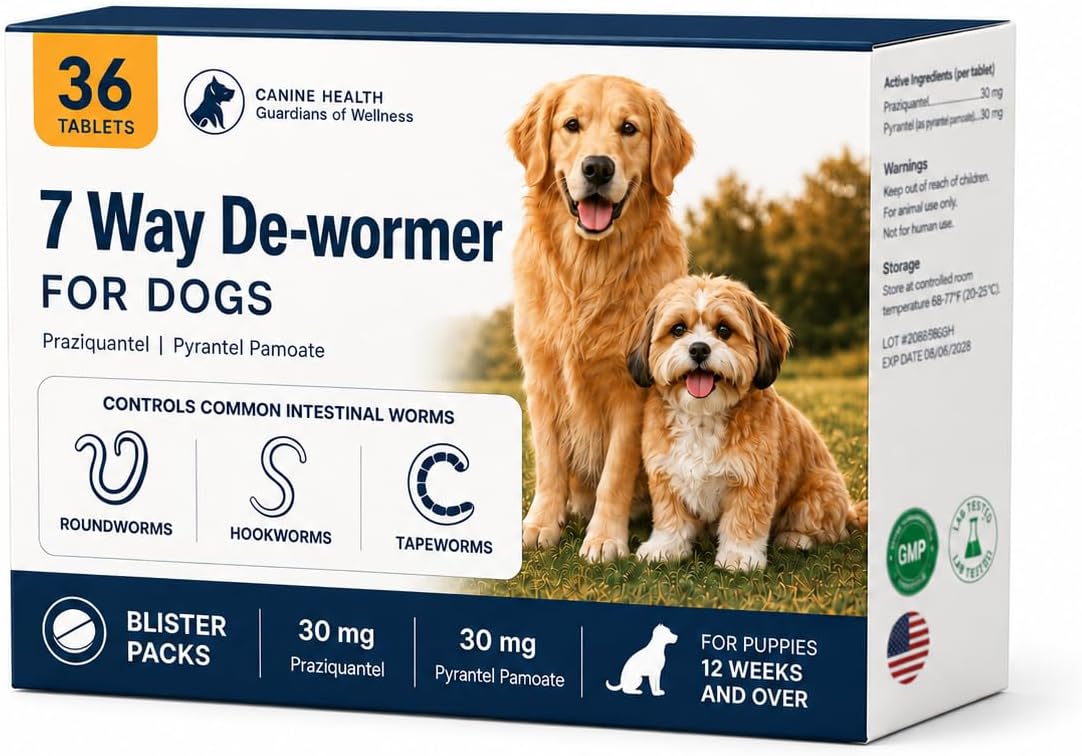 7 Way De-Wormer for Dogs, Broad Spectrum Dog Wormer for Tapeworms, Roundworms & Hookworms, Canine Dewormer for Small, Medium & Large Dogs, 36 Tablets