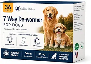 7 Way De-Wormer for Dogs, Broad Spectrum Dog Wormer for Tapeworms, Roundworms & Hookworms, Canine Dewormer for Small, Medium & Large Dogs, 36 Tablets