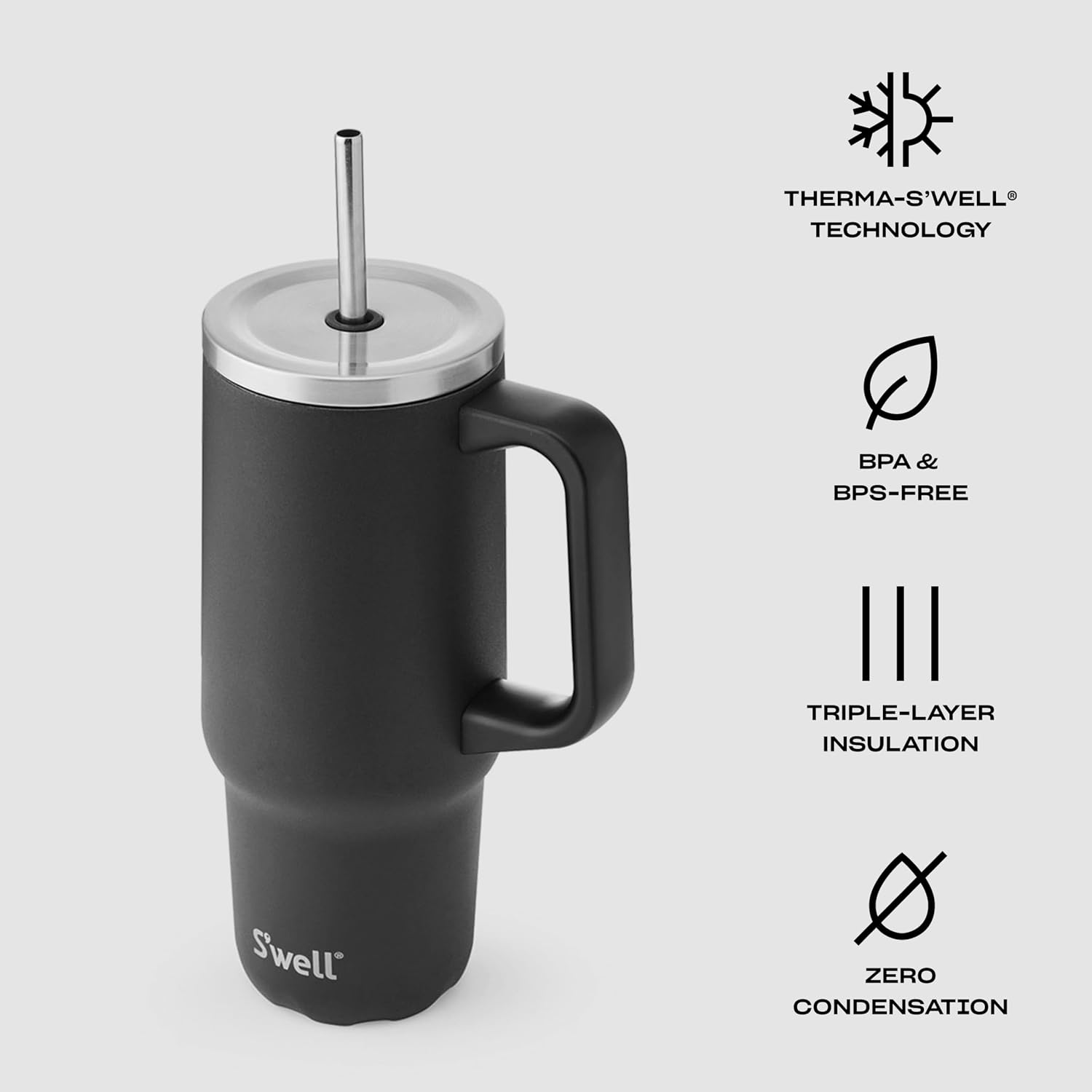 S'well Recycled Stainless Steel Tumbler XL with Straw and Handle, 30oz, Onyx, Triple Layered Vacuum Insulated Container Keeps Drinks Cold 36 hours and Hot for 9, BPA Free