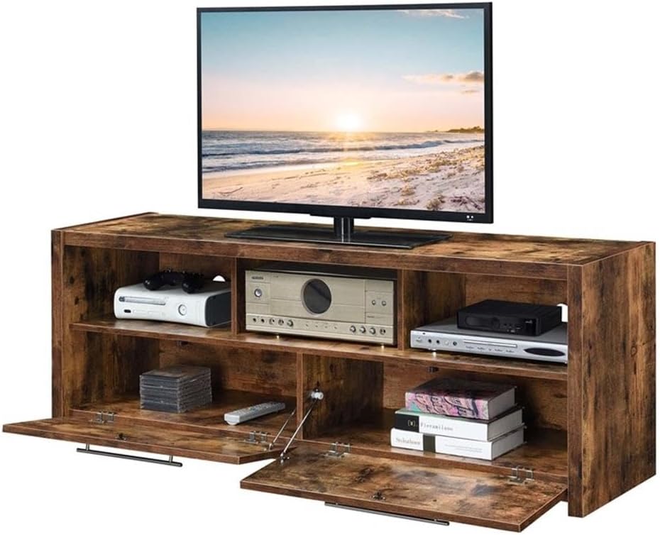 Pemberly Row 60-Inch TV Stand, Nutmeg Wood Finish, Hollow Core MDF and Particleboard, with Cabinets and Shelves, Cable Management, Entertainment Center for Living Room or Media Storage