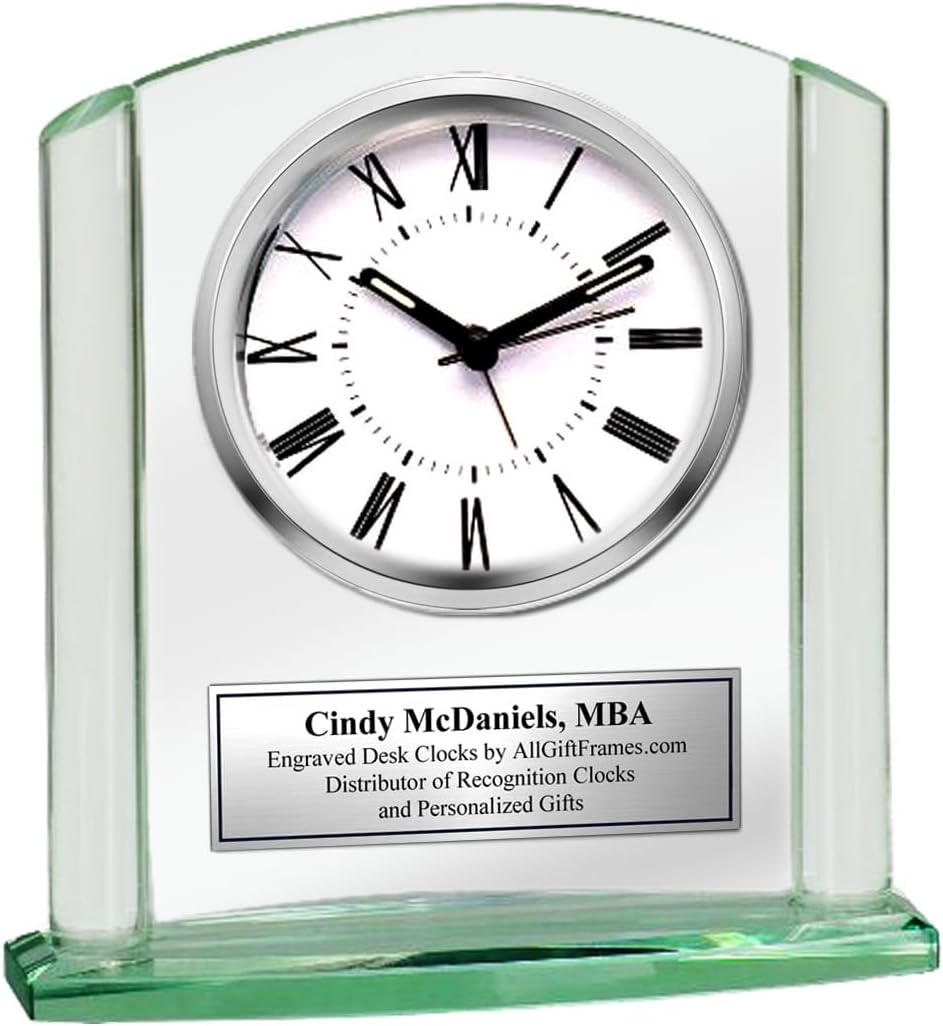 AllGiftFrames Engraved Glass Clock Silver Basel Arch Silver Etching Retirement Appreciation Anniversary Service Award Recognition Wedding Graduation Table Clock