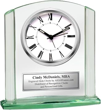 AllGiftFrames Engraved Glass Clock Silver Basel Arch Silver Etching Retirement Appreciation Anniversary Service Award Recognition Wedding Graduation Table Clock