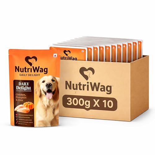 NutriWag Daily Delight Chicken, Pumpkin & Rice Dog Wet Food – 300 gm (Pack of 10) | Value Pack | Complete & Balanced High Protein Meal for All Breed Dogs | Soft & Tasty Recipe