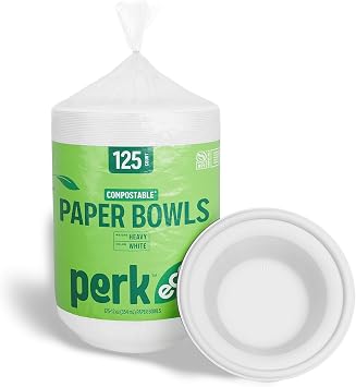 Staples Perk Eco 12 Oz Compostable Paper Bowls, 125 Count Bulk Disposable Bowls for Soups, Snacks and Everyday Meals, White